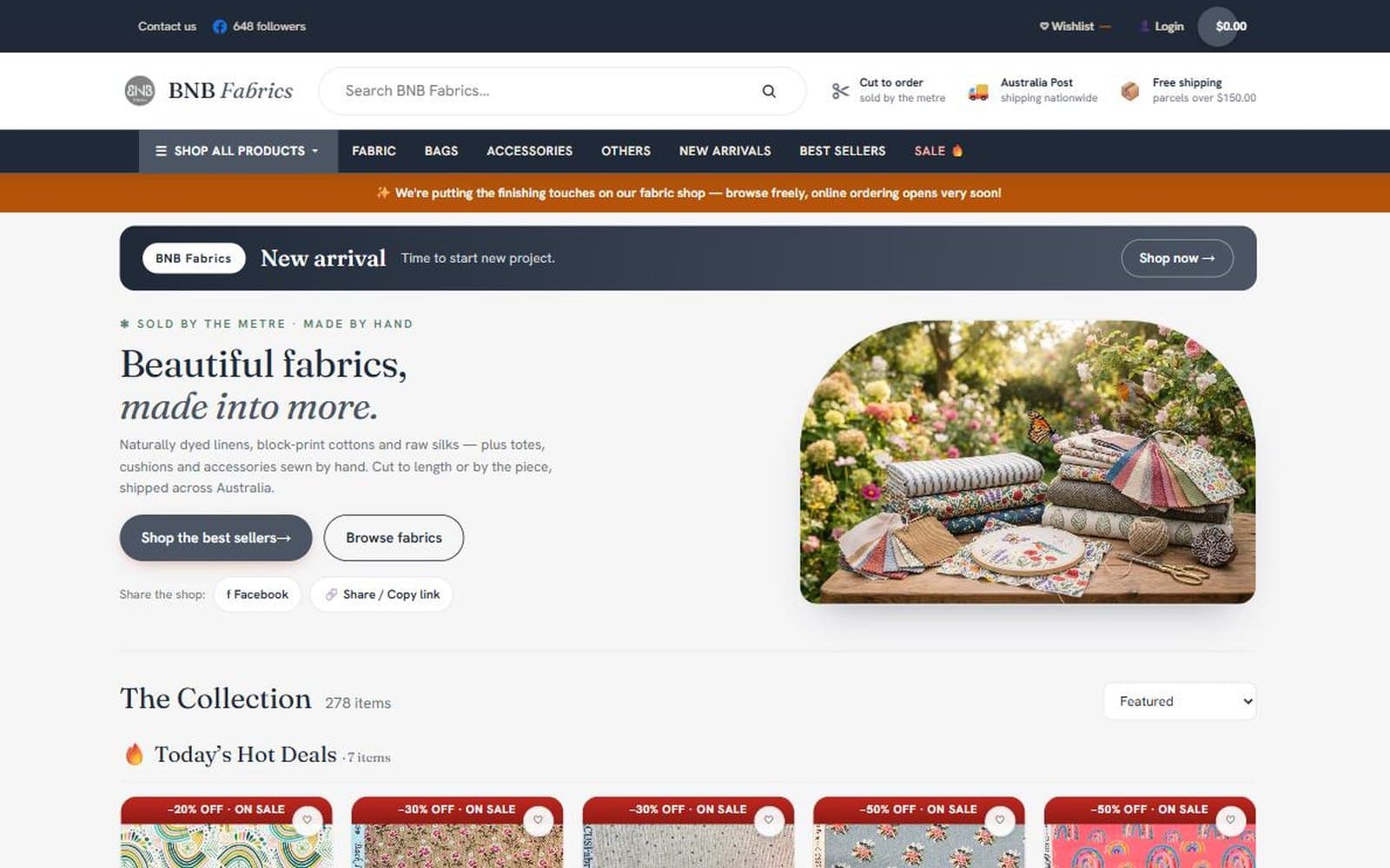BNB Fabrics storefront — fabric shop with search, categories and product listings