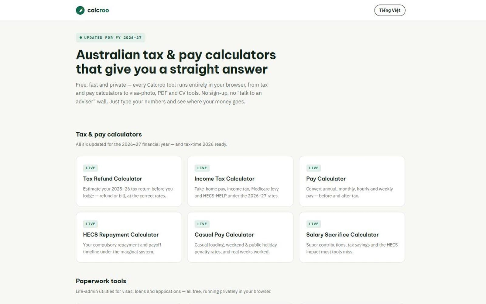 Calcroo home page — Australian tax and pay calculators, updated for FY 2026–27