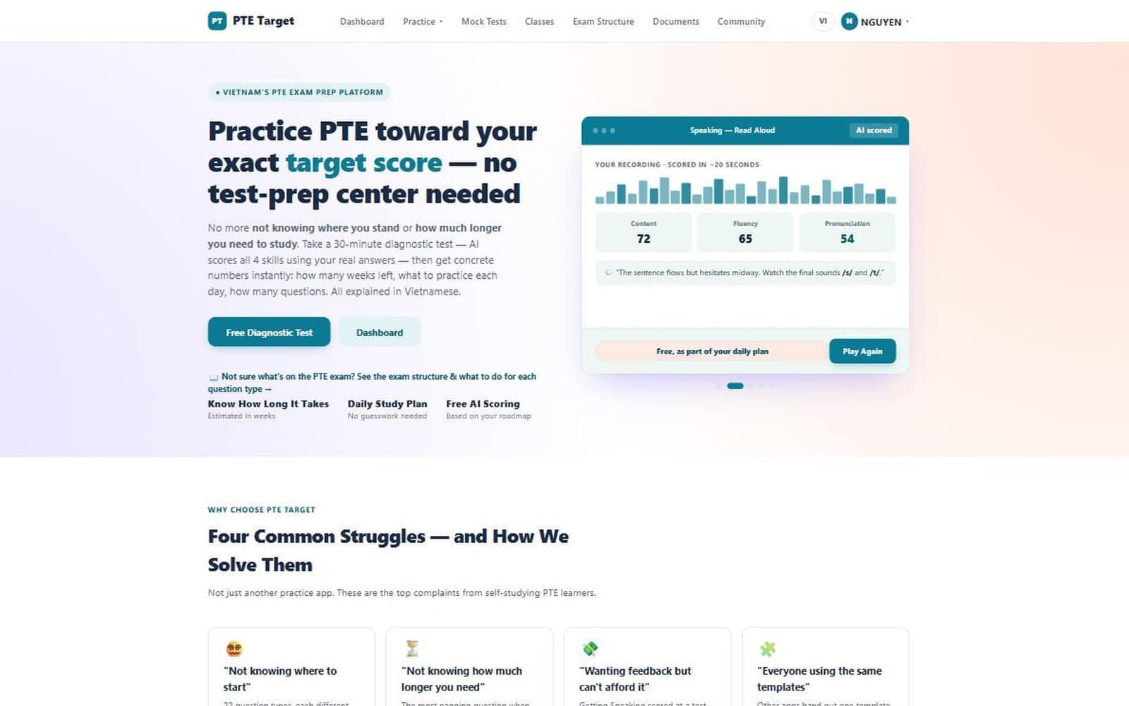 PTE Target home page — Vietnamese-language PTE practice platform with AI scoring